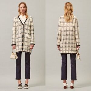 Tory Burch Kendra Tweed Jacket Coat Black Cream Fringed Size M​